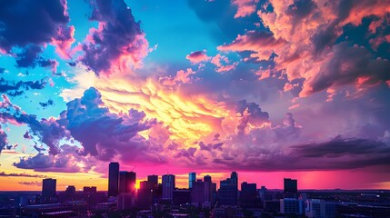 a city skyline with a colorful sky and clouds in the background