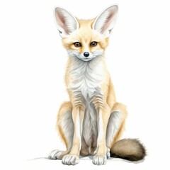 Obraz premium A cute fennec fox sits on a white background. The fox has large ears and a bushy tail.