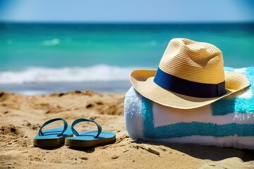 Sun Hat on Beach Towel, Sandals by the Sea, Sunny Day
