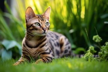 Naklejka na ściany i meble Medium shot portrait photography of a tired bengal cat grooming while standing against lush green lawn