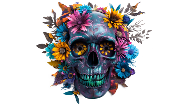 Skull and Flower Art Piece isolated on a transparent background