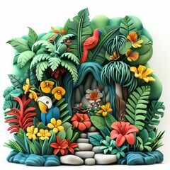 Handmade polymer clay wall art featuring a tropical jungle scene with colorful flowers and birds.
