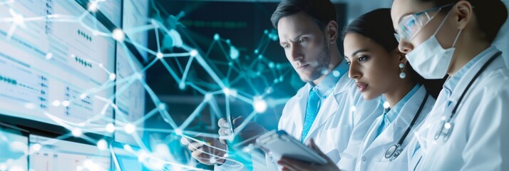 Focused medical team analyzing genetic data with futuristic digital interface, representing cutting-edge healthcare