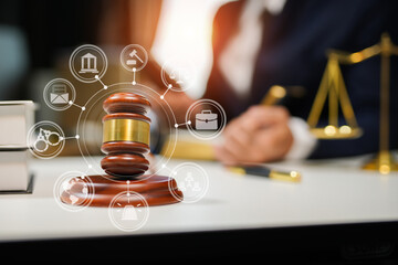 judge on wooden table And experienced lawyers meet with clients and give advice behind the scenes. legal services legal consulting concept