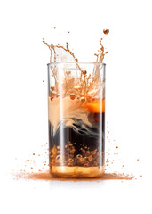 Picture of isolated coffee drink baraquito in long glass with explosion of liquid on white background