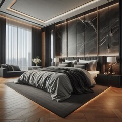 Modern luxury beautiful mock up scene of bedroom and walk in closet area interior design and pattern wall background/3D rendering