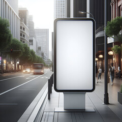 Blank white billboard stand or mupi mockup on sidewalk with street and city background