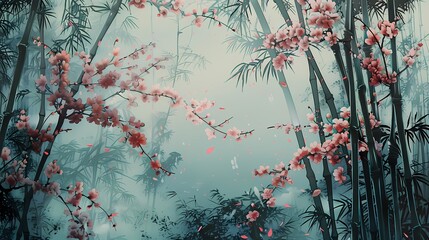 Cherry blossoms whispering in the misty forest