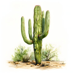 Saguaro (Carnegiea gigantea), single object, watercolor illustration, white background.