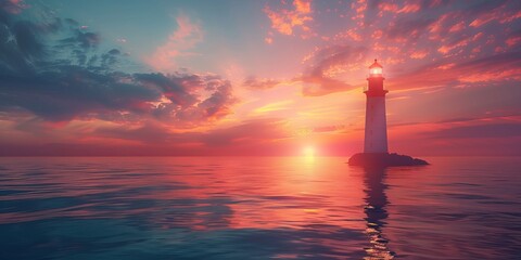 sunset over the ocean with lighthouse - Powered by Adobe