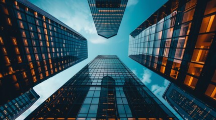 Modern buildings outlined against twilight sky