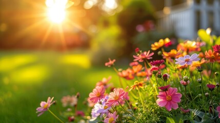 Obraz premium summer garden oasis, during summer, the backyard comes alive with vibrant flowers and sunny weather, making it a lively and colorful space