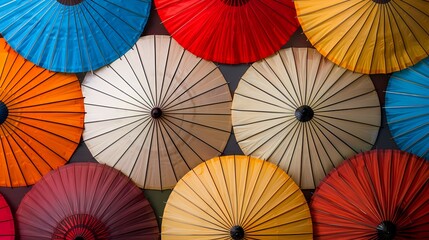 Colorful parasols patterned across a surface