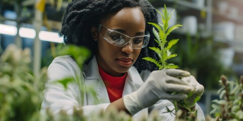 A focused scientist carefully examines a cannabis plant in a controlled lab environment