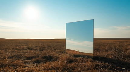 A minimalistic mirror in the field reflecting the sky