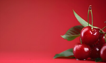Fresh cherries on red background, Generative AI