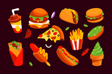 Fastfood restaurant cartoon icons set