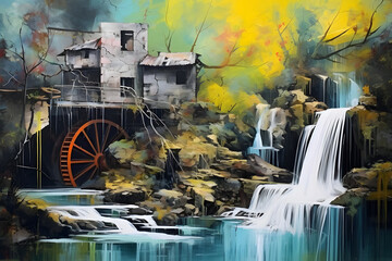 inspiring waterfall watermill. abstract landscape painting, generative ai