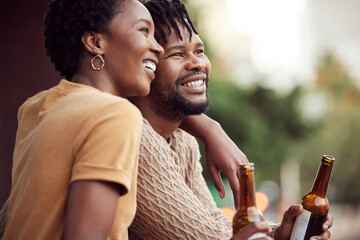 Romance, beer or happy black couple hug in villa on holiday vacation together with city, support or joy. Relax, apartment view or man with African woman with love, commitment or smile in marriage