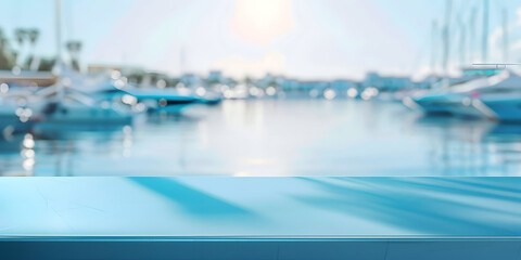 Glossy cerulean counter with a blurred marina backdrop, ideal for marine accessories or casual seaside apparel