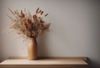 Dried flower bouquet displayed in a wooden vase against a blank wall in a home interior

