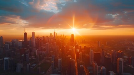 Aerial drone view of world city skyline at sunset, in the style of vibrant hues, golden hour