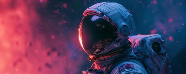 unrecognizable astronaut in protective Extravehicular Mobility Unit with backpack and reflecting helmet