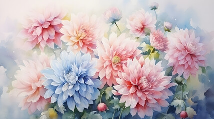 Field of dahlia blooming flowers under a blue sky, watercolor illustration.