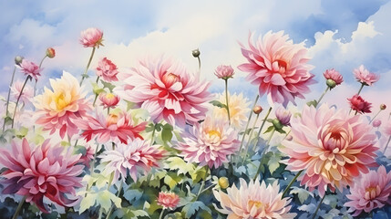 Field of dahlia blooming flowers under a blue sky, watercolor illustration.