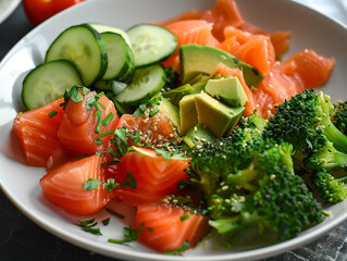 Healthy breakfast of pieces of red salmon, avocado, tomatoes and cucumbers on a decorative plate