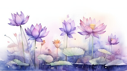 Purple lotus under a sky backdrop, watercolor illustration.