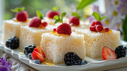 gourmet picnic dessert, rice pudding squares with fresh fruit slices and honey drizzle, a delightful summer picnic treat on a platter