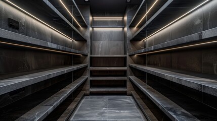 Detailed view of dark slate shelves in a masculine walk-in closet, highlighting the sleek design and strong aesthetic appeal