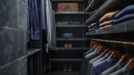 Detailed view of dark slate shelves in a masculine walk-in closet, highlighting the sleek design and strong aesthetic appeal