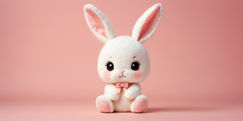 Obraz premium Cute chibi stuffed bunny with solid color background , Soft fur, furry