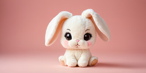 Obraz na płótnie Canvas Cute chibi stuffed bunny with solid color background , Soft fur, furry