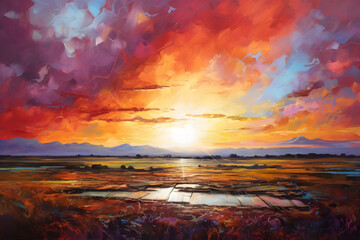inspiring sunset surrounded by field. abstract landscape painting, generative ai