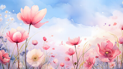Fototapeta na wymiar Pink tulip wildflowers under a sky backdrop, watercolor illustration,