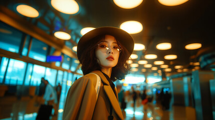 Obraz premium Chic portrait of a young Asian woman in a hat and sunglasses at an airport terminal, reflecting travel excitement and Asian culture.