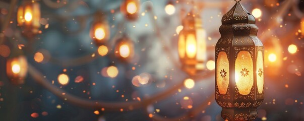 Celebration of islamic eid mubarak and eid al adha lantern in a light background