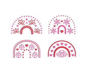 beautiful pink cute boho rainbow with flower leaves colorful vector icon design illustration collections set
