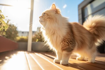 Medium shot portrait photography of a funny persian cat tail wagging while standing against sunny balcony