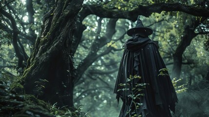 Editorial photography of a warlock character in a dramatic, dark forest setting, creating an enigmatic and powerful image for a fantasy literature magazine