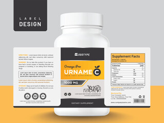 Food supplement multi vitamin label sticker design and dietary medicine bottle jar box packaging.