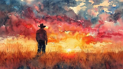 Sunset cattle count, Afro cowboy tallying, end of day, dusky sky , watercolor - Powered by Adobe