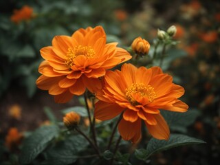 Orange wild autumn flowers growing in the garden