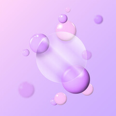 Modern glassmorphism round plate frame with flying 3d balls on vibrang gradient background.3d creative glassmorphism background with geometric shapes design.Vector illustration