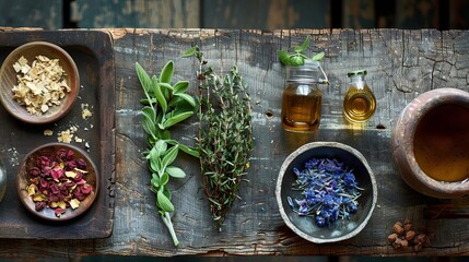 The art of brewing herbal elixirs, shown in magazine photography style, with detailed shots of ingredients and the serene setting of a modern herbalist's workshop