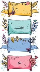 Handdrawn banners adorned whimsical florals dots. Colorful ribbon banners yellow, blue, pink cute nature motifs, space text, suits festive card design invitations