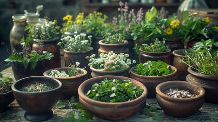 The art of herbalism, captured in documentary photography style, showcasing a variety of fresh herbs and their uses in natural medicine for a wellness magazine
